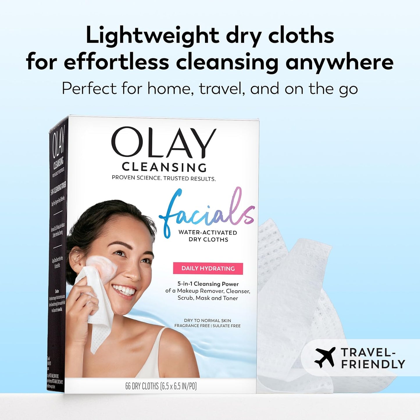 Daily Facials, Daily Clean Makeup Removing Facial Cleansing Wipes, 5-In-1 Water Activated Cloths, Exfoliates, Tones and Hydrates Skin, 66 Count
