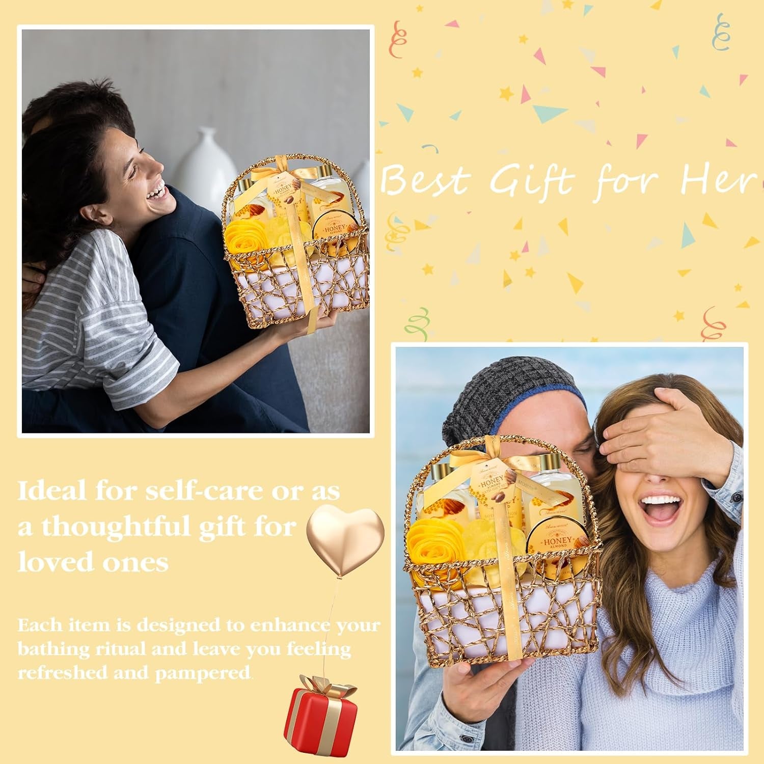 Gift Baskets , Spa Gifts for Women, 8Pcs Honey Almond Bath Gift Set for Women, Relaxation Self Care Spa Kit W/Bath Bomb, Bubble Bath, Mom Birthday Gifts, Christmas Gifts Thank You Gifts